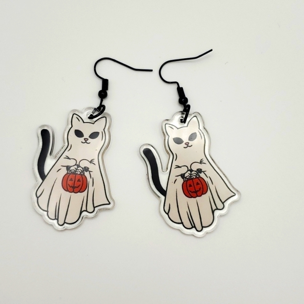 Halloween Ghost Cat Trick or Treating Earrings - Picture 3 of 6